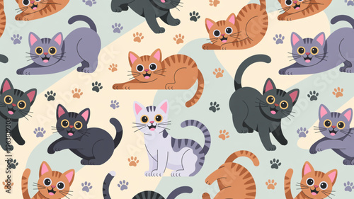 Colorful cartoon cats, kittens pattern, cute animals, pet background