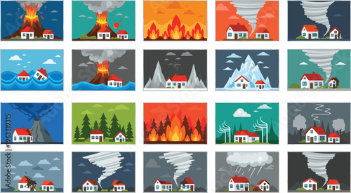 Natural disaster scenes collection with volcano eruption, tornado, wildfire, flood and storm, environmental hazard illustrations set, vector isolated on white background