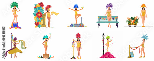 Set of Brazilian Carnival Dancers in Golden Costumes and Feathered Headdresses, Flat Vector Illustrations for Festival and Parade Celebrations.