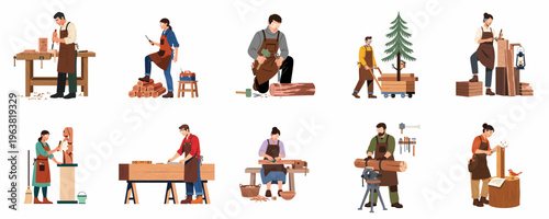 A collection of diverse woodworkers and carpenters engaged in various wood crafting and carving activities using traditional hand tools, flat vector illustration set.