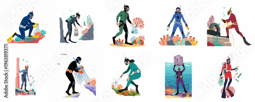 Collection of Scuba Divers Cleaning the Ocean and Removing Plastic Pollution from Coral Reefs, Environmental Protection Concept