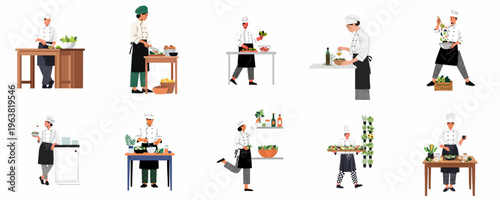 Set of professional chefs in uniform preparing healthy meals, chopping vegetables, and tossing salads in a kitchen environment, flat vector illustration.