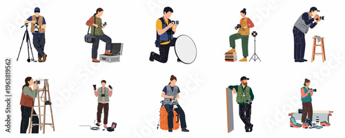 Flat vector illustration set of diverse professional photographers with various cameras, lenses, and photography equipment in different poses on white background.