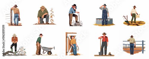 Collection of ten illustrations depicting hardworking farmers in various agricultural scenes, highlighting the challenges of rural life and drought conditions.