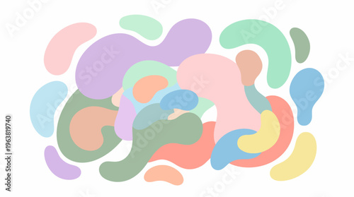 Abstract colorful organic shapes in pastel tones arranged in a loose composition.