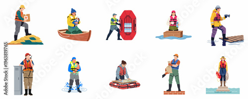 Set of illustrations depicting professional rescuers and volunteers providing aid, supplies, and saving people and animals during a flood disaster.