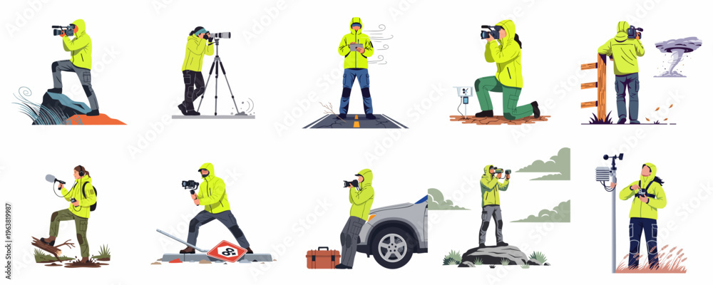 Naklejka premium Professional storm chasers and meteorologists using specialized equipment to document and monitor extreme weather events across various outdoor environments in this illustration set.