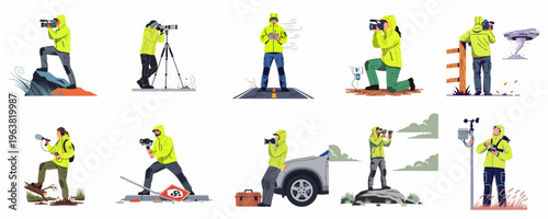 Professional storm chasers and meteorologists using specialized equipment to document and monitor extreme weather events across various outdoor environments in this illustration set.