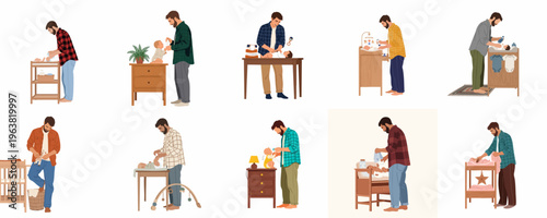 A collection of flat illustrations depicting various fathers caring for their infants on changing tables in domestic nursery settings.