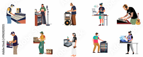 Diverse set of character illustrations featuring male and female sound engineers, DJs, and music producers working with professional audio equipment in studio settings.