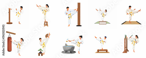 Set of illustrations featuring male and female karate fighters practicing kicks and martial arts techniques with traditional Japanese equipment and weapons.
