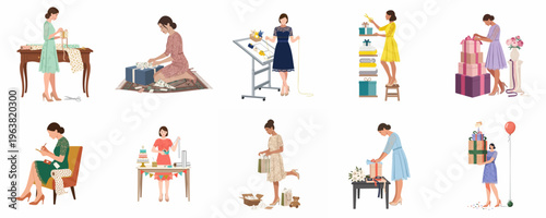 Collection of elegant women in stylish dresses wrapping, carrying, and preparing gift boxes for various festive occasions, illustrated in a modern flat vector style.