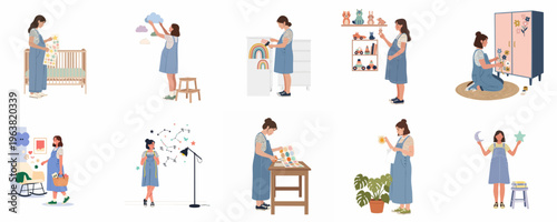 A collection of illustrations showing a pregnant woman preparing and decorating a nursery room with toys, wall decals, and furniture for her new baby.