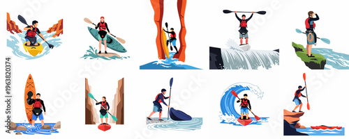 A collection of colorful flat vector illustrations depicting people engaged in various kayaking activities, extreme water sports, and river adventures in diverse landscapes.