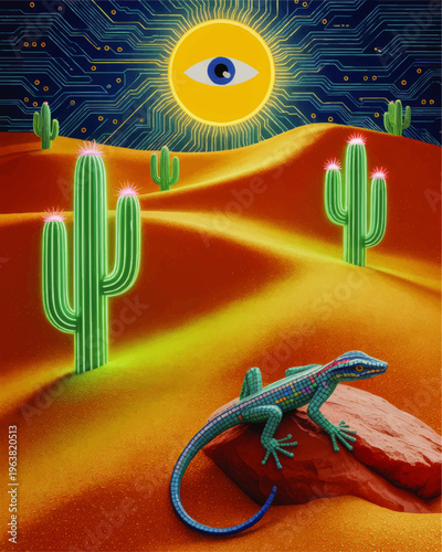 Surreal digital desert landscape with neon cactus, cyber sun eye and mosaic lizard on sand dunes, futuristic sci fi illustration