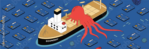Red octopus attacking economy ship in ocean of credit cards, surreal financial crisis concept, blue background business illustration