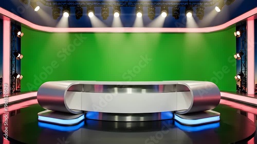 Modern TV studio set with green screen and news desk