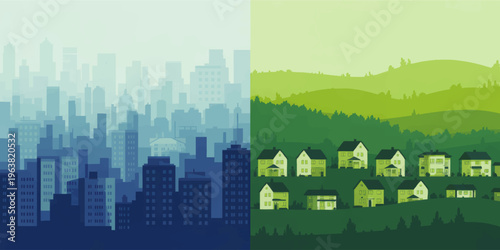 Urban city skyline versus rural countryside neighborhood comparison, blue and green landscape illustration of town planning and lifestyle contrast