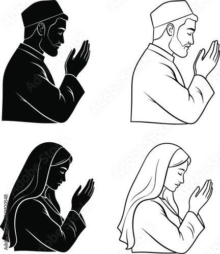 Muslim Prayer Silhouette and Line Art Illustration Set Featuring Man and Woman Performing Dua Islamic Worship and Spiritual Gesture Vector Collection