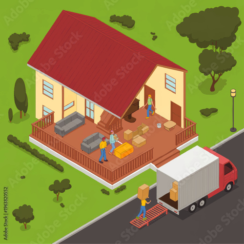 Isometric house moving illustration with people loading furniture and boxes into truck, residential relocation concept, family move day