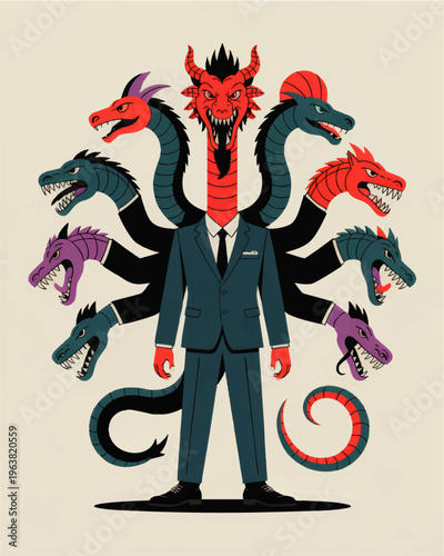 Businessman hydra demon with multiple dragon heads in suit, surreal corporate monster illustration, power, corruption, leadership concept