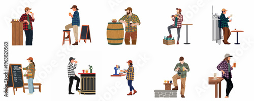 Flat vector illustration set of people in flannel shirts enjoying craft beer, tasting flights, and visiting a local brewery.