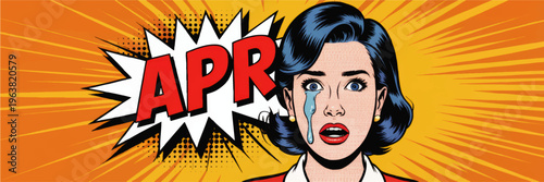 Retro pop art crying woman with APR text, emotional comic style business concept on vibrant orange rays background, wide banner illustration