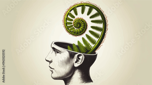 Surreal human head with fern spiral growing from open mind, nature creativity concept illustration on beige background