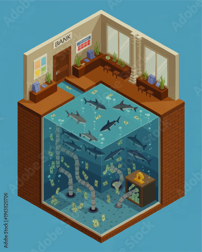 Isometric bank interior with underwater money tank, sharks and cash pipes symbolizing financial risk, investment fraud and money laundering