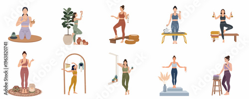 Set of flat vector illustrations depicting women practicing mindfulness, meditation, and yoga for holistic wellness and a healthy lifestyle.