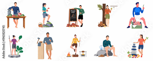 Flat vector illustration set of people following a paleo diet lifestyle, featuring healthy whole foods, hunting, gathering, and primitive eating habits.