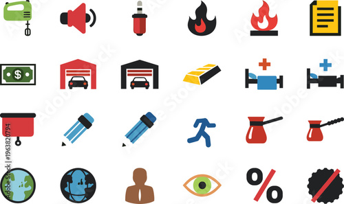 Mixed Utility and Finance Icon Set Featuring Tools, Sound, Fire, Money, Garage, Medical Bed, Coffee Pot, World Globe and Percentage Symbols for UI Design Collection