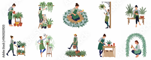 Set of ten illustrations featuring women gardening, watering, and tending to various green plants and ferns in a modern, flat design style.