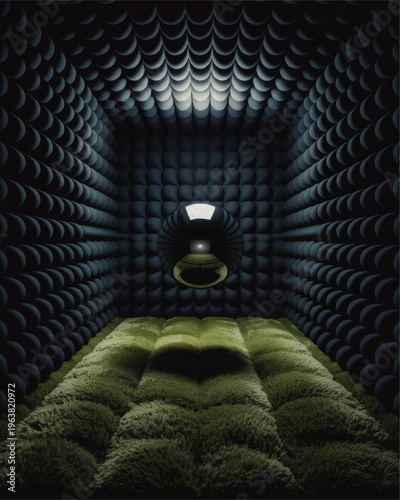 Futuristic padded room interior with green moss floor and glowing portal, surreal sci fi fantasy illustration, 3D abstract background