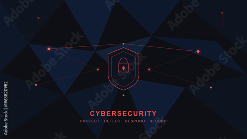 A digital illustration representing modern cyber security with a shield and network node lines