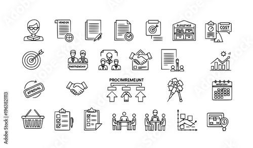 Procurement and Supply Chain Management Outline Icons Editable Stroke Business Purchasing Vector Set