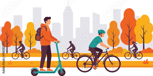 Urban people using electric scooter and bicycles for eco friendly commuting in a city park with autumn trees background