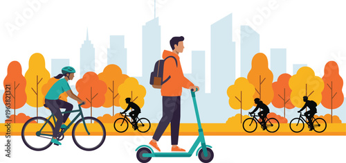 People riding bicycles and electric scooters on a city park path with autumn trees and urban skyline background, vector