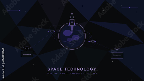 Minimalist graphic illustration of space technology featuring a rocket orbiting a dark planet
