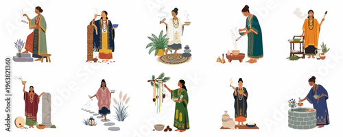 Flat illustration collection of diverse women performing spiritual smudging rituals with sage and incense, wearing traditional and bohemian clothing for holistic wellness.