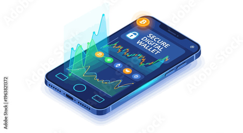 A smartphone displays a secure digital wallet app with graphs and icons on screen.