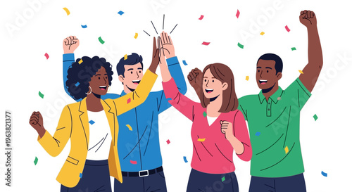 Diverse group of people celebrating with hands raised in confetti.