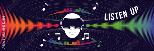 Futuristic music listener with headphones surrounded by colorful sound waves, equalizer bars and musical notes on dark background
