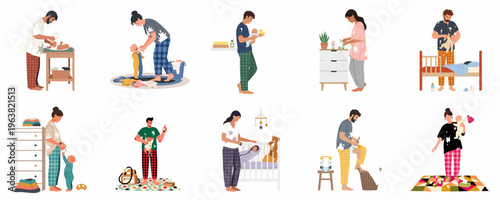 A collection of illustrations depicting tired parents in pajamas caring for their babies, showcasing the messy and exhausting reality of early parenthood.