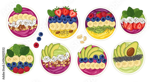 Vibrant illustrations of fruit bowls with various toppings on a clean white background display