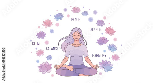 A serene woman meditates cross-legged surrounded by pastel lotus flowers and calming words.