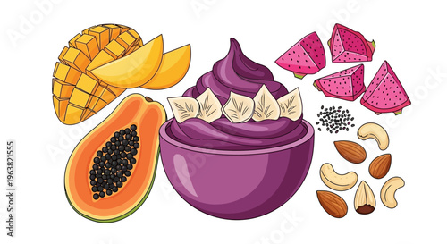 Vibrant illustration of a purple smoothie bowl with fresh fruits and nuts on a white background