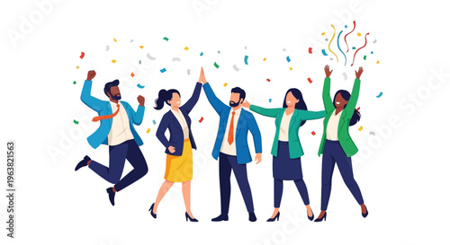 Business people celebrate with confetti and joyful expressions in an office setting.