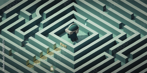 Futuristic teal maze with VR headset human bust, digital exit sign and glowing paths, concept of virtual reality problem solving