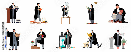 Set of professional lawyers and judges in robes holding law books and legal symbols like scales and gavels.